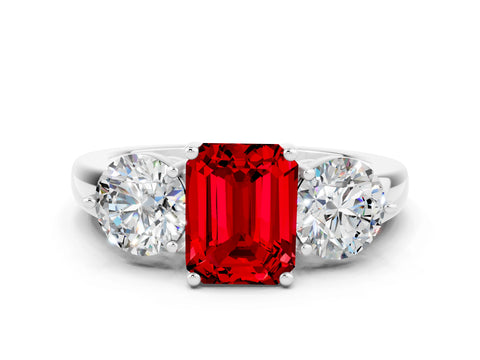 White gold Emerald Cut Ruby Three-Stone Ring with Prong Setting and Classic Band