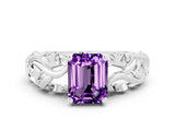 White gold Emerald Cut Solitaire Amethyst Leaf-Inspired Vine Band Ring with Prong Setting
