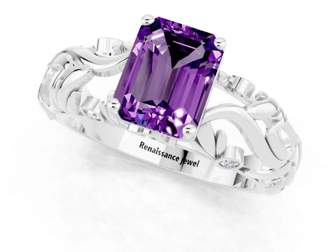 White gold Emerald Cut Solitaire Amethyst Leaf-Inspired Vine Band Ring with Prong Setting_1