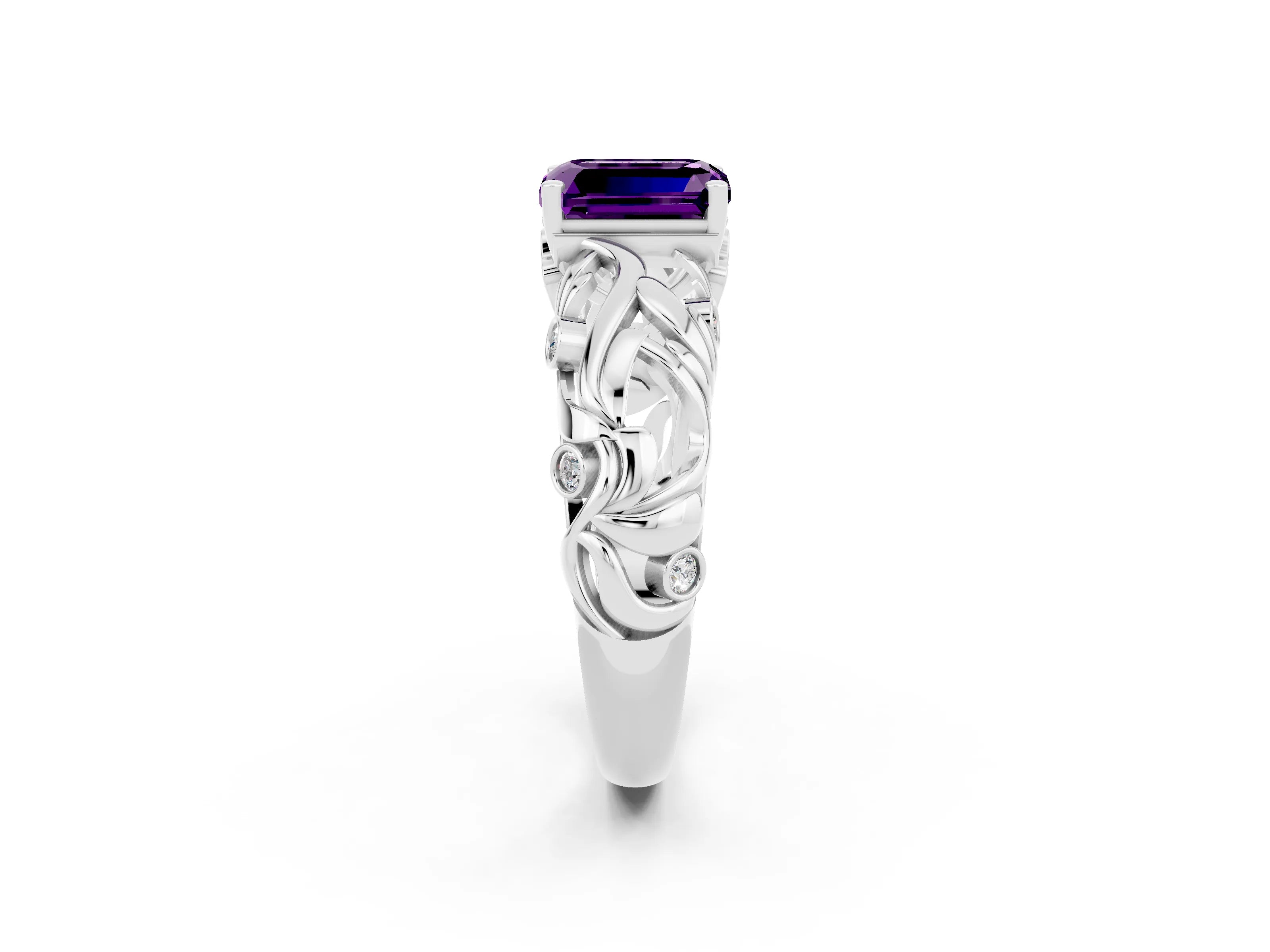 White gold Emerald Cut Solitaire Amethyst Leaf-Inspired Vine Band Ring with Prong Setting_2