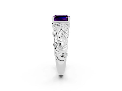 White gold Emerald Cut Solitaire Amethyst Leaf-Inspired Vine Band Ring with Prong Setting_2