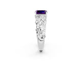 White gold Emerald Cut Solitaire Amethyst Leaf-Inspired Vine Band Ring with Prong Setting_2