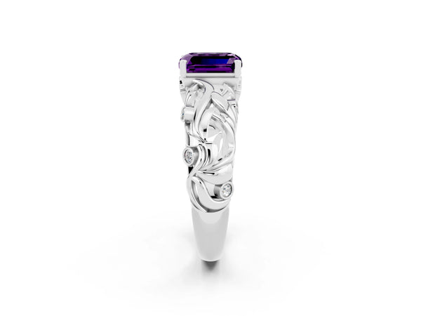 Silver Emerald Cut Solitaire Amethyst Leaf-Inspired Vine Band Ring with Prong Setting