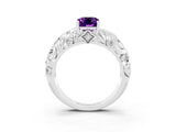 White gold Emerald Cut Solitaire Amethyst Leaf-Inspired Vine Band Ring with Prong Setting_3