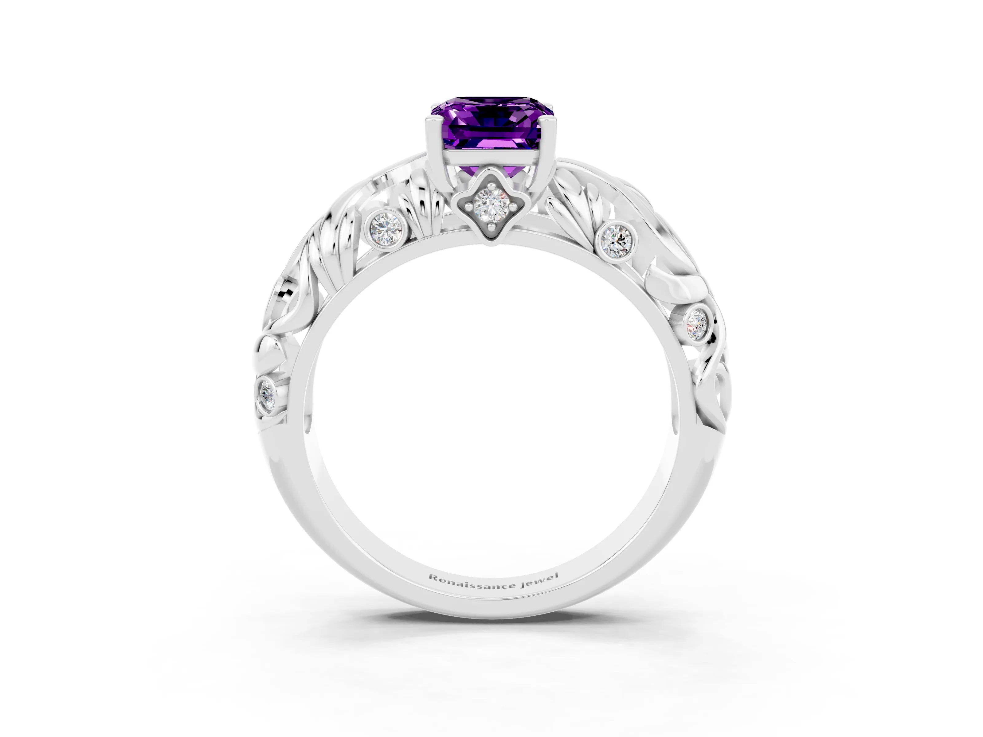 White gold Emerald Cut Solitaire Amethyst Leaf-Inspired Vine Band Ring with Prong Setting_3