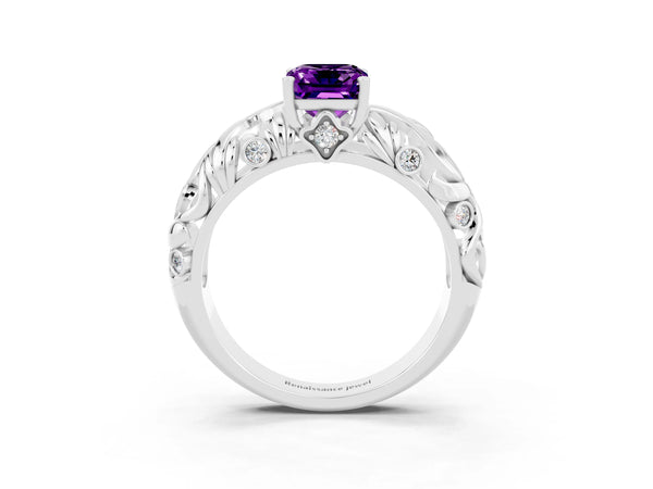 White gold Emerald Cut Solitaire Amethyst Leaf-Inspired Vine Band Ring with Prong Setting