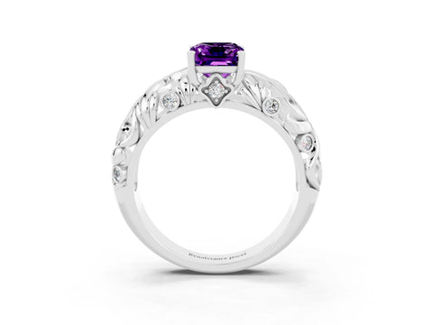 White gold Emerald Cut Solitaire Amethyst Leaf-Inspired Vine Band Ring with Prong Setting_3