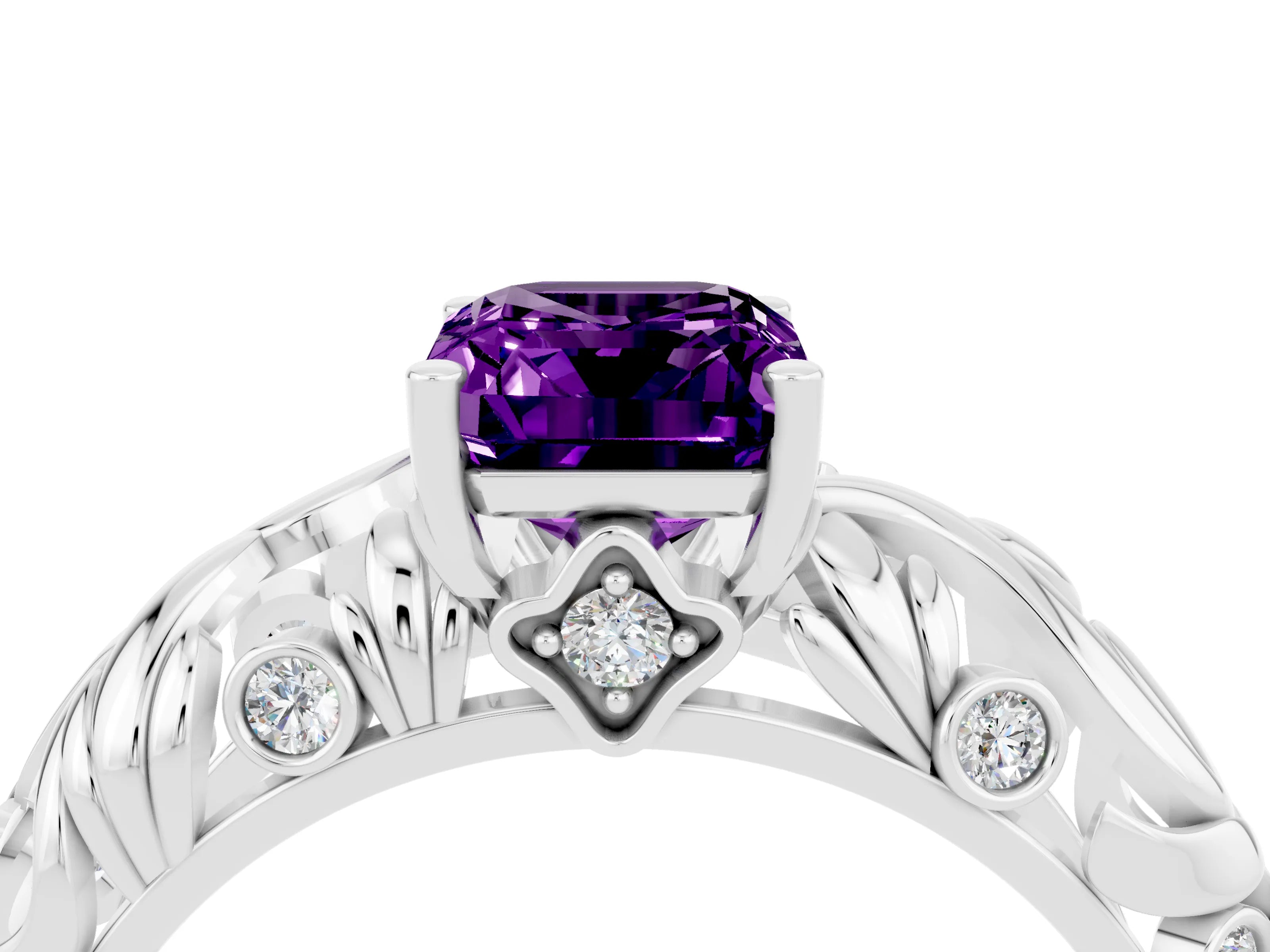 White gold Emerald Cut Solitaire Amethyst Leaf-Inspired Vine Band Ring with Prong Setting_4