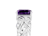 White gold Emerald Cut Solitaire Amethyst Leaf-Inspired Vine Band Ring with Prong Setting_5