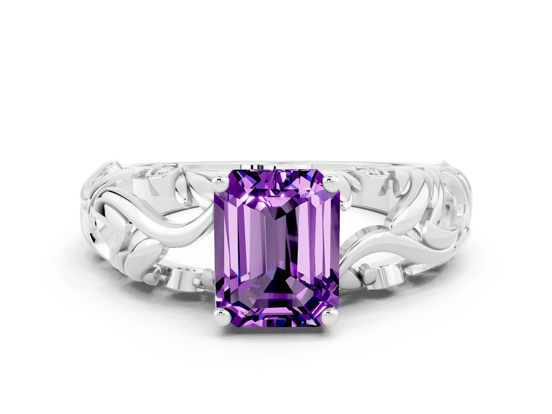 White gold Emerald Cut Solitaire Amethyst Leaf-Inspired Vine Band Ring with Prong Setting