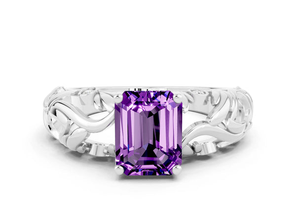 White gold Emerald Cut Solitaire Amethyst Leaf-Inspired Vine Band Ring with Prong Setting