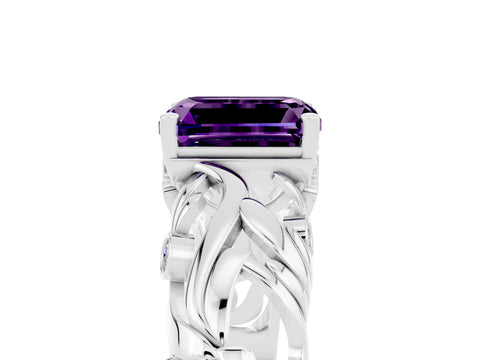 White gold Emerald Cut Solitaire Amethyst Leaf-Inspired Vine Band Ring with Prong Setting_5