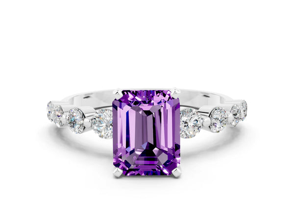 Platinum Emerald Cut Solitaire Amethyst Ring with Pave Band and Four-Prong Setting