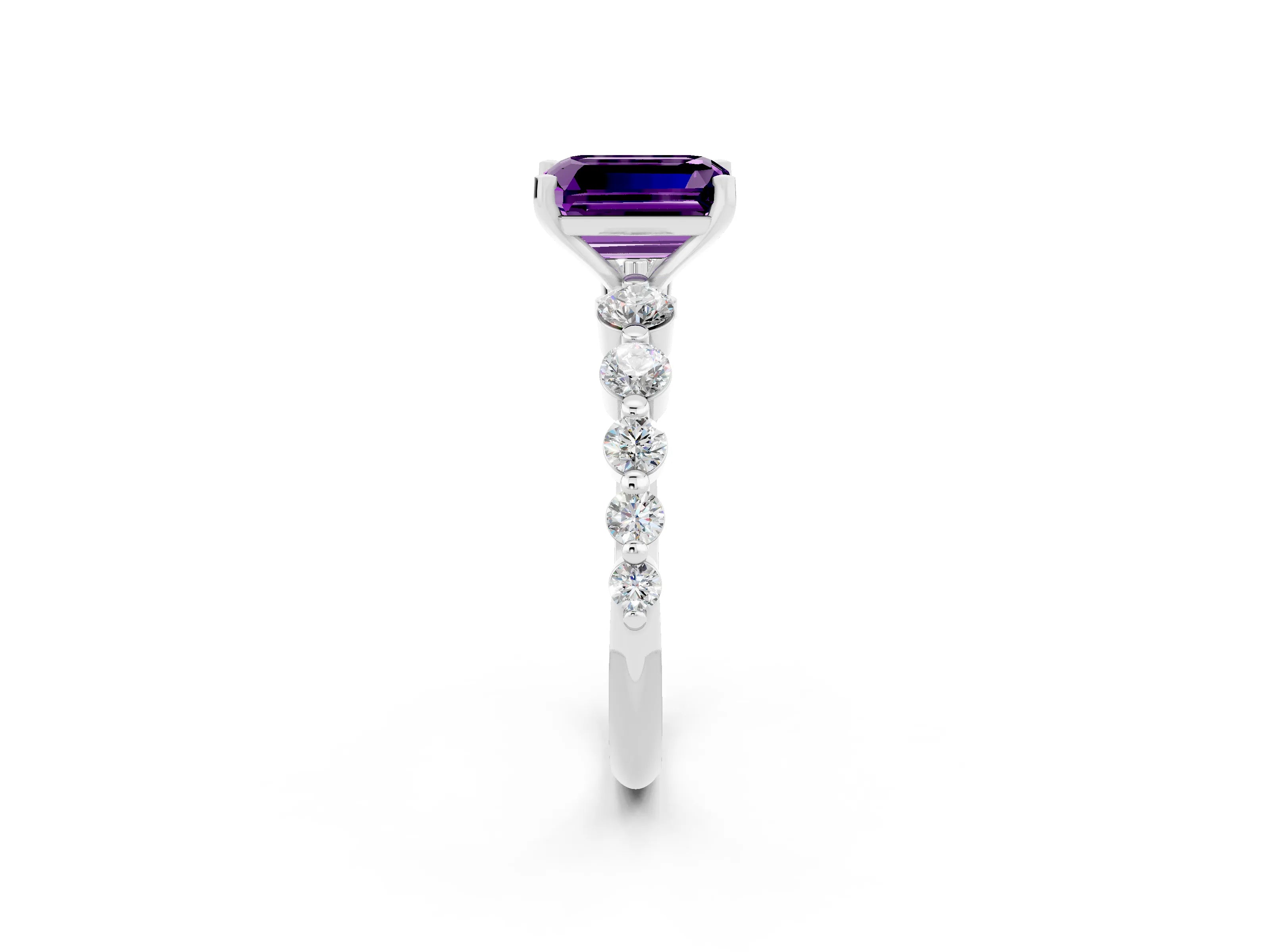 White gold Emerald Cut Solitaire Amethyst Ring with Pave Band and Four-Prong Setting_2