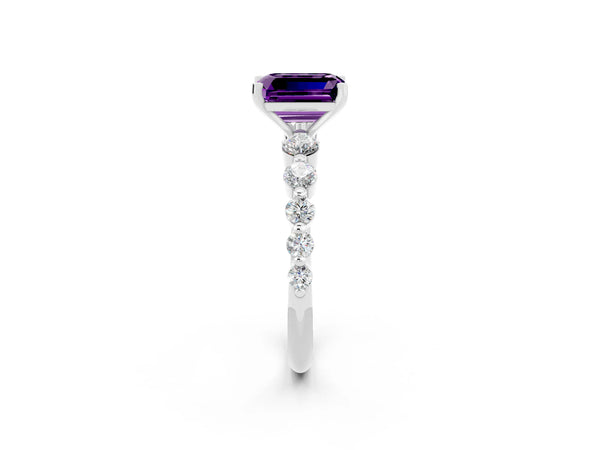 White gold Emerald Cut Solitaire Amethyst Ring with Pave Band and Four-Prong Setting