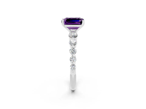 White gold Emerald Cut Solitaire Amethyst Ring with Pave Band and Four-Prong Setting_2