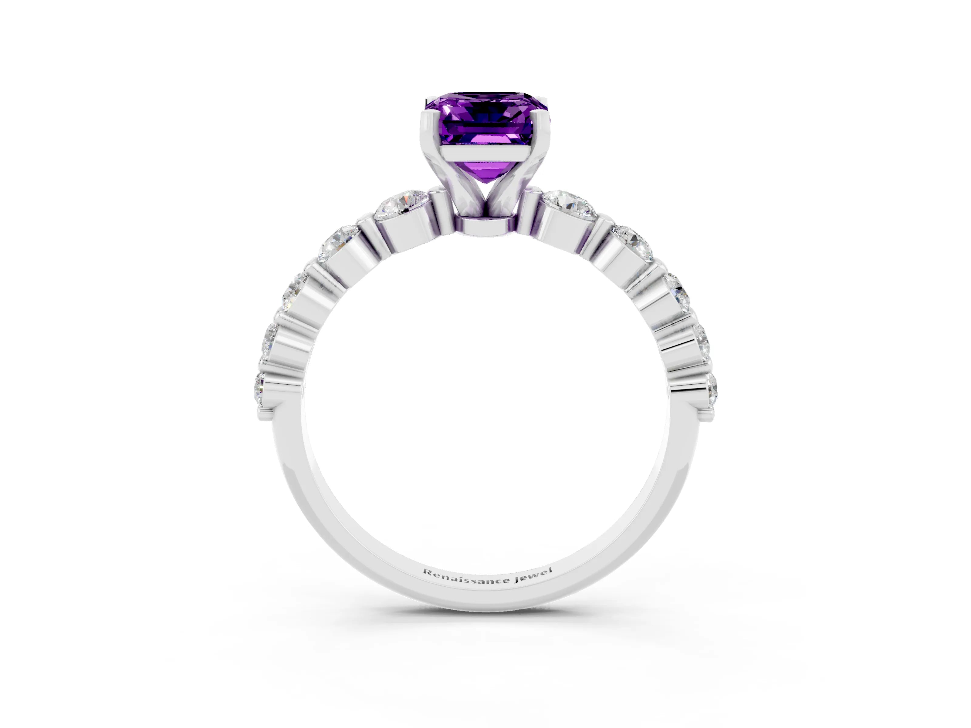 White gold Emerald Cut Solitaire Amethyst Ring with Pave Band and Four-Prong Setting_3