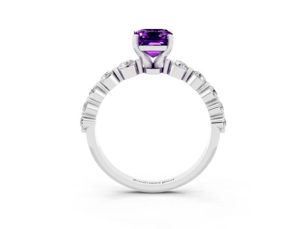 Platinum Emerald Cut Solitaire Amethyst Ring with Pave Band and Four-Prong Setting