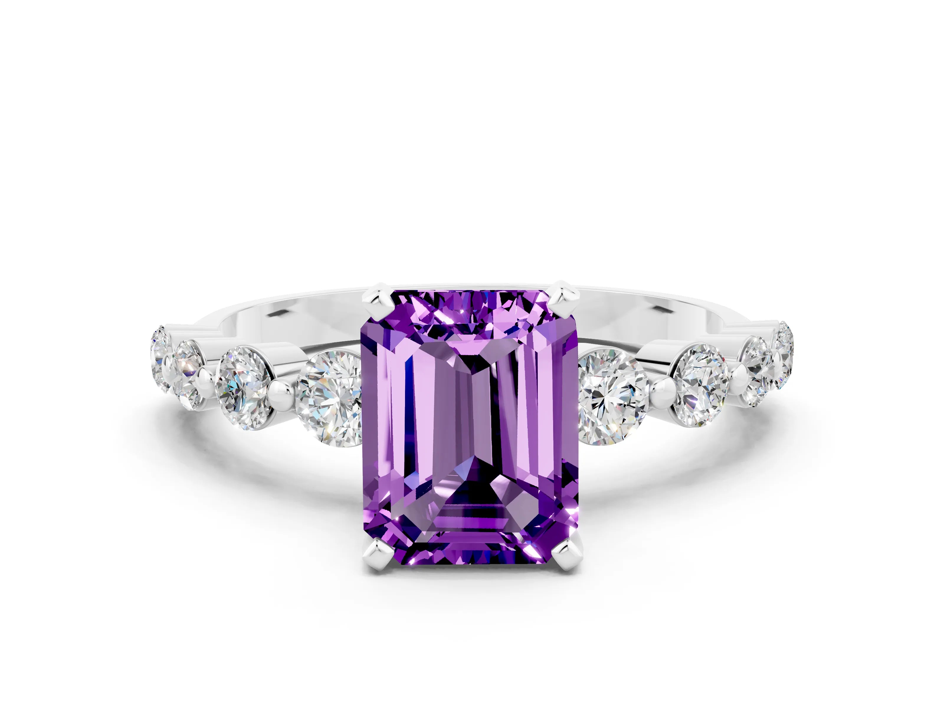White gold Emerald Cut Solitaire Amethyst Ring with Pave Band and Four-Prong Setting