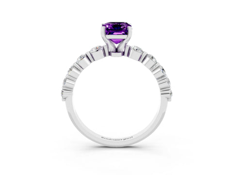 White gold Emerald Cut Solitaire Amethyst Ring with Pave Band and Four-Prong Setting_3