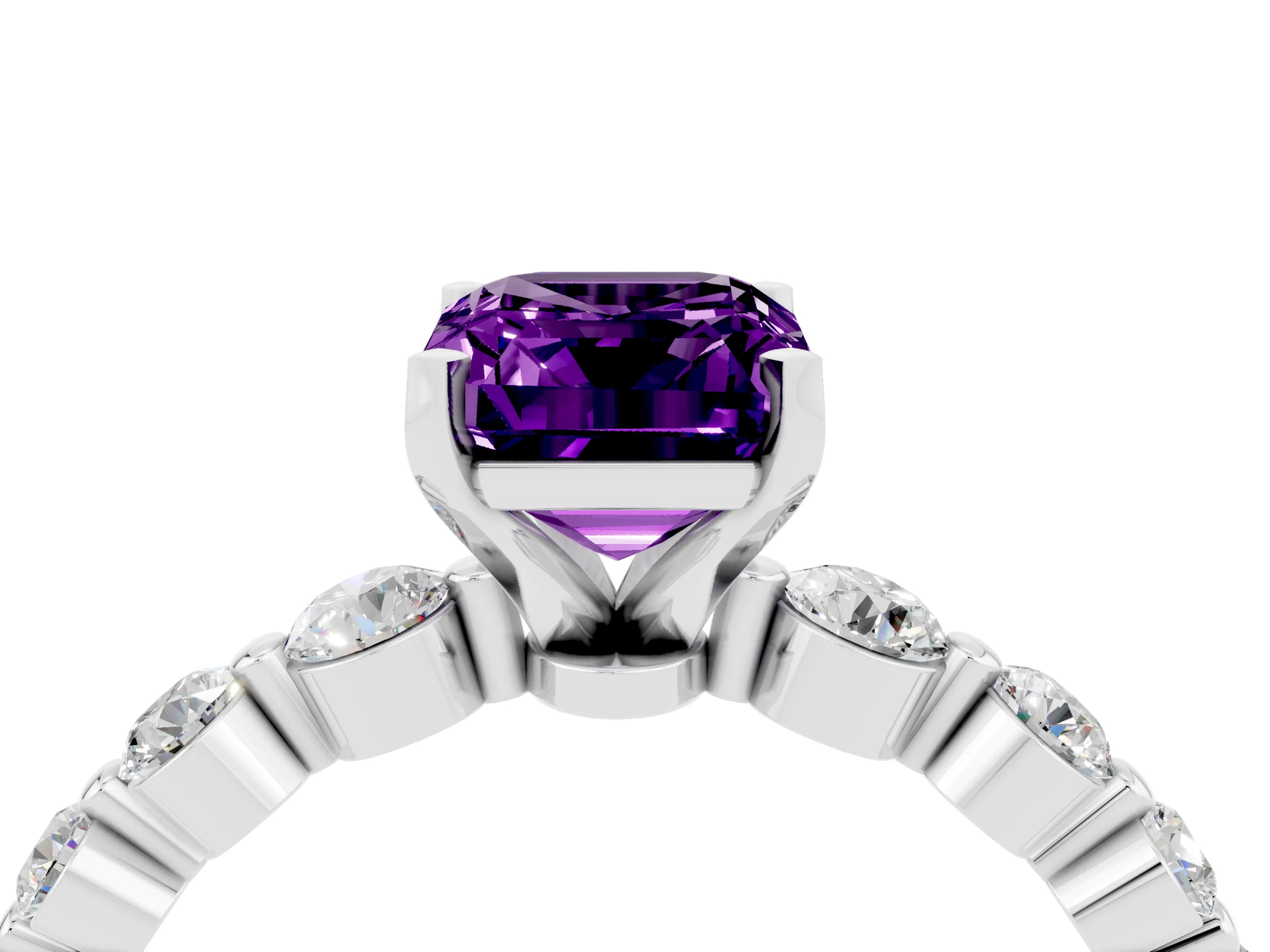 White gold Emerald Cut Solitaire Amethyst Ring with Pave Band and Four-Prong Setting_4