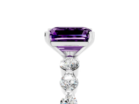 White gold Emerald Cut Solitaire Amethyst Ring with Pave Band and Four-Prong Setting_5