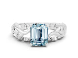 White gold Emerald Cut Solitaire Aquamarine Leaf-Inspired Vine Band Ring with Prong Setting