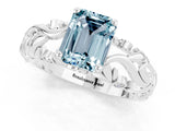 White gold Emerald Cut Solitaire Aquamarine Leaf-Inspired Vine Band Ring with Prong Setting_1