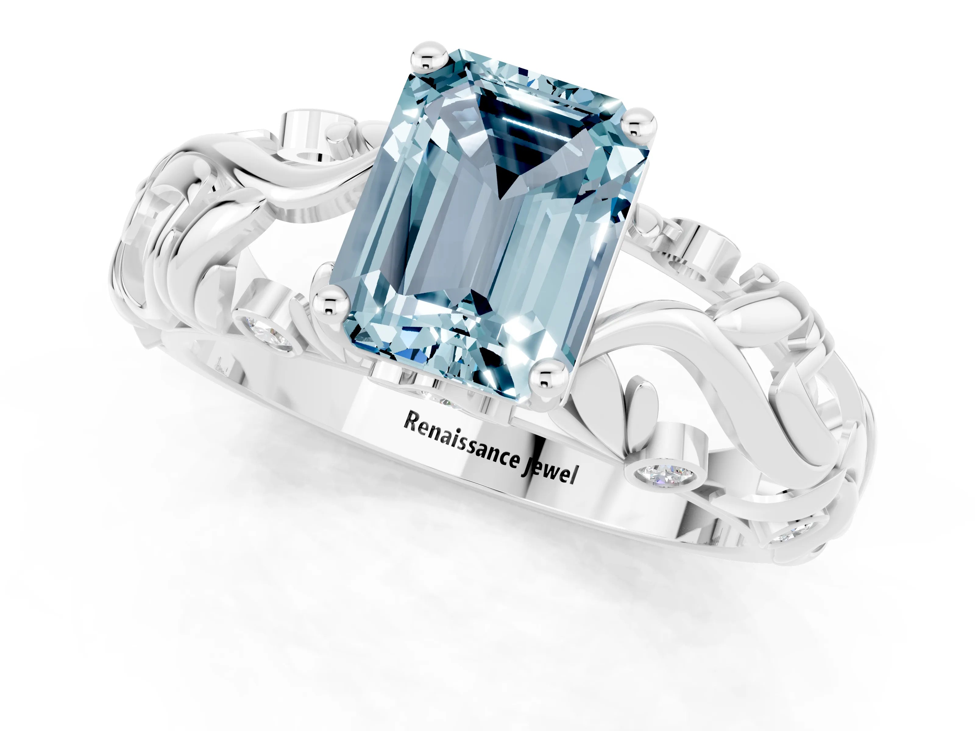 White gold Emerald Cut Solitaire Aquamarine Leaf-Inspired Vine Band Ring with Prong Setting_1