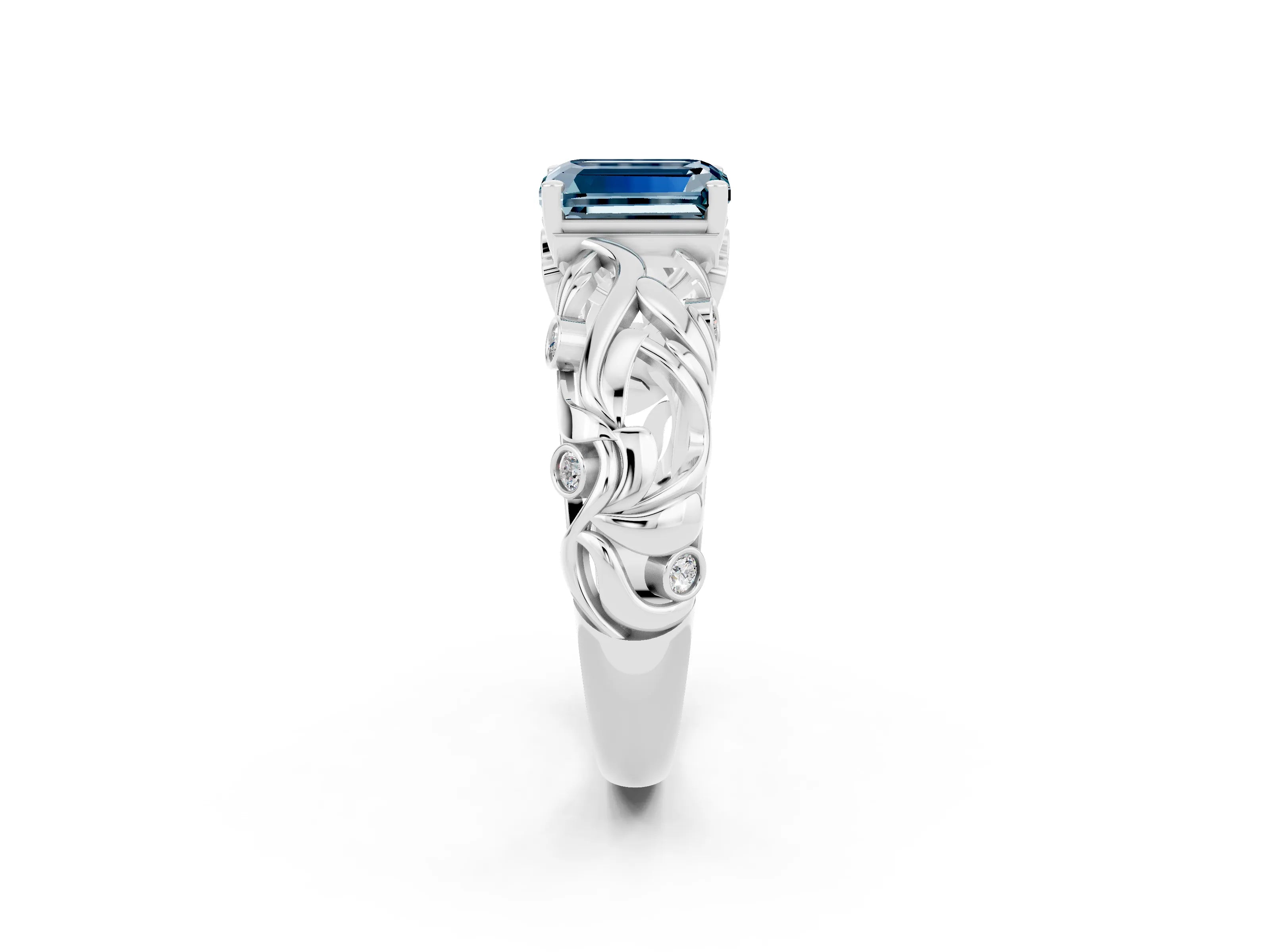 White gold Emerald Cut Solitaire Aquamarine Leaf-Inspired Vine Band Ring with Prong Setting_2