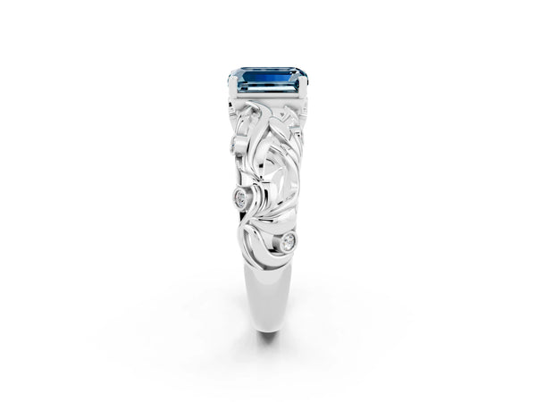 Platinum Emerald Cut Solitaire Aquamarine Leaf-Inspired Vine Band Ring with Prong Setting