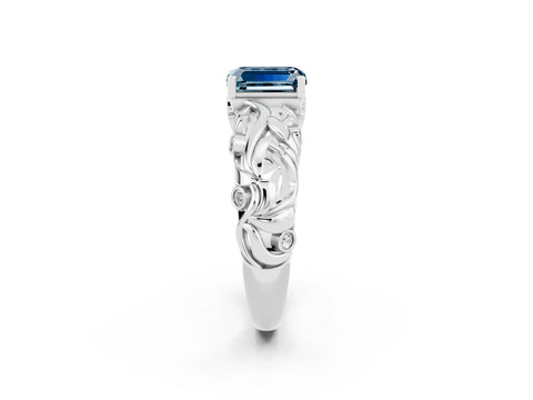 White gold Emerald Cut Solitaire Aquamarine Leaf-Inspired Vine Band Ring with Prong Setting_2