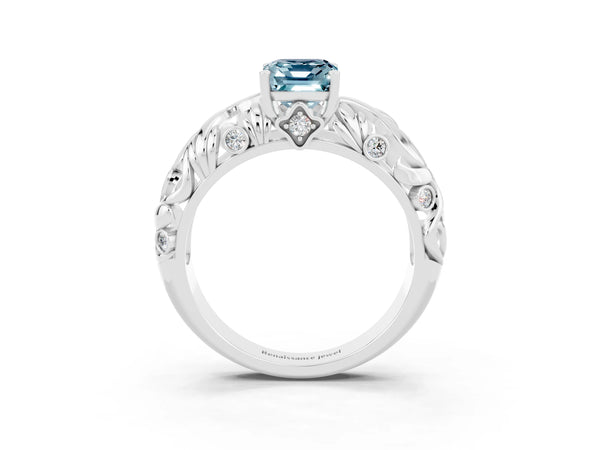 Platinum Emerald Cut Solitaire Aquamarine Leaf-Inspired Vine Band Ring with Prong Setting