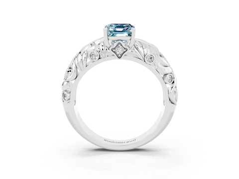 White gold Emerald Cut Solitaire Aquamarine Leaf-Inspired Vine Band Ring with Prong Setting_3
