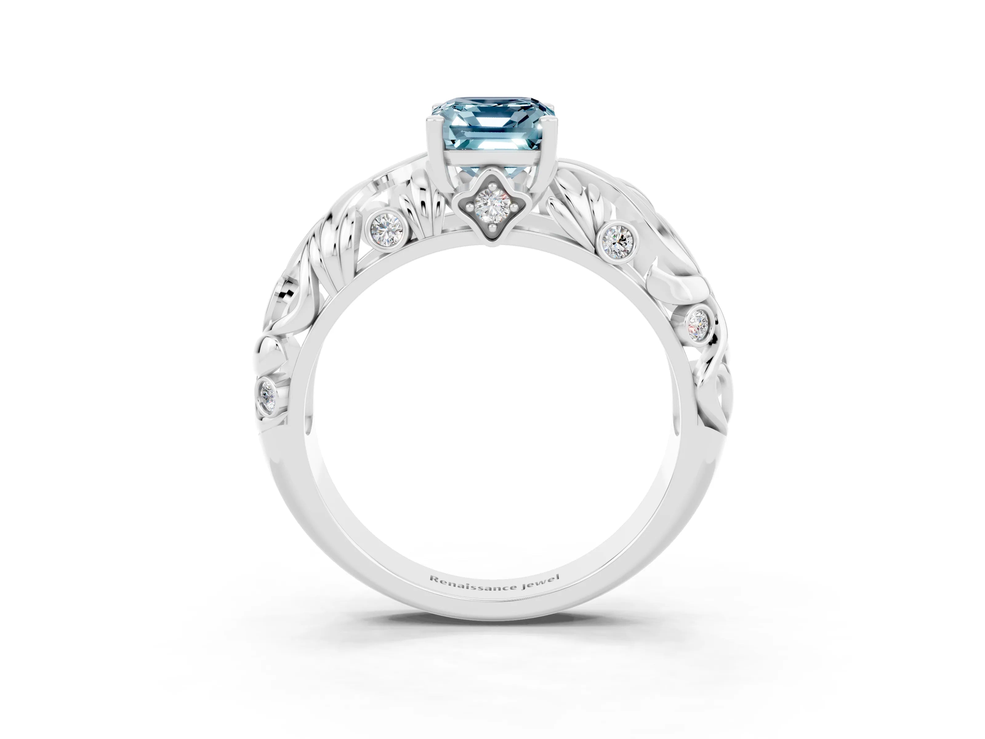 White gold Emerald Cut Solitaire Aquamarine Leaf-Inspired Vine Band Ring with Prong Setting_3