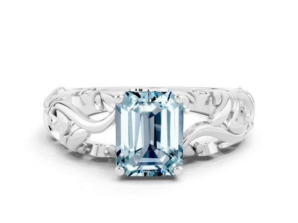 White gold Emerald Cut Solitaire Aquamarine Leaf-Inspired Vine Band Ring with Prong Setting