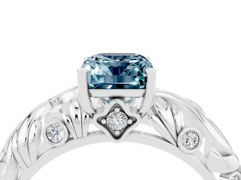 White gold Emerald Cut Solitaire Aquamarine Leaf-Inspired Vine Band Ring with Prong Setting_4