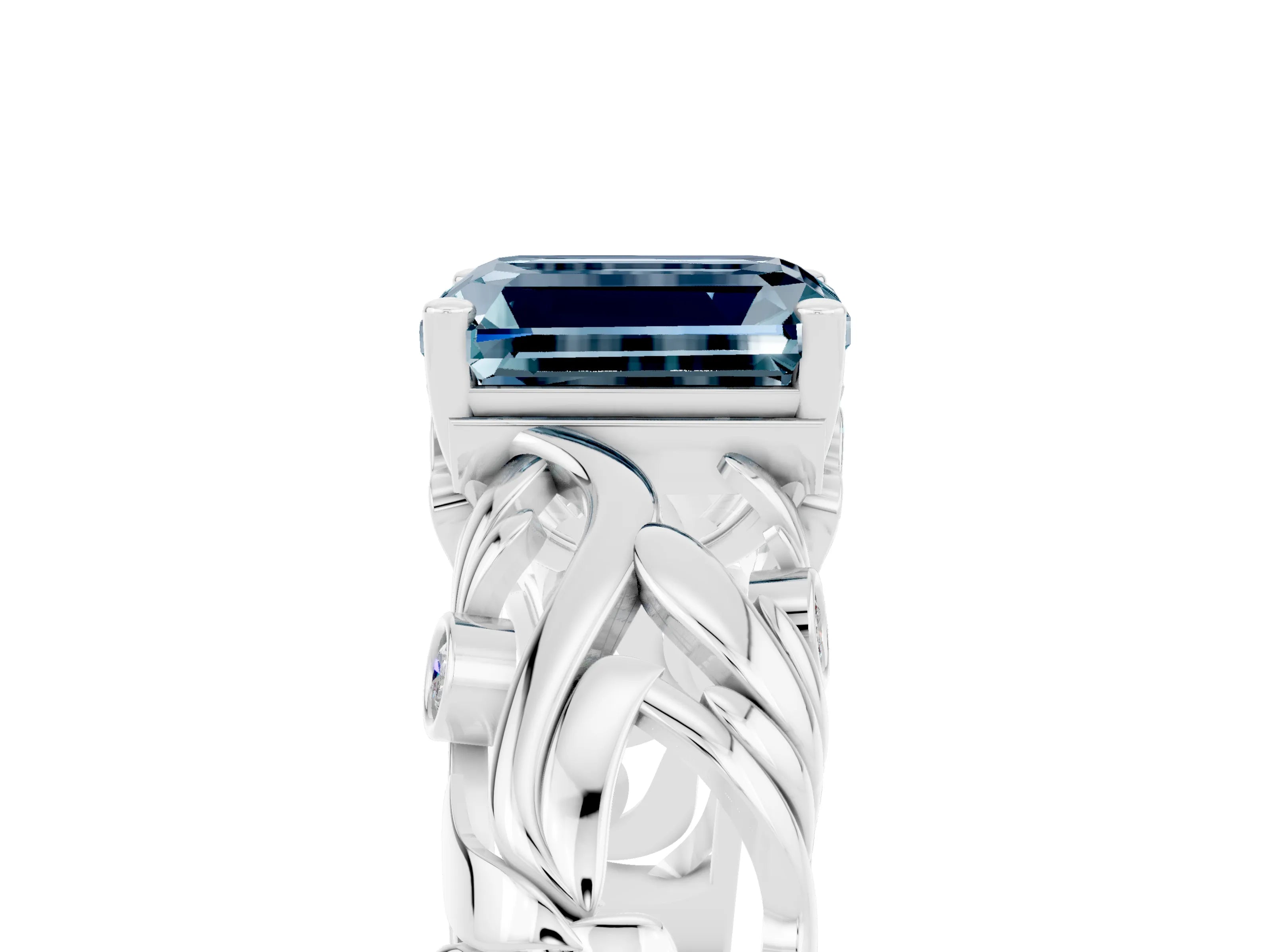 White gold Emerald Cut Solitaire Aquamarine Leaf-Inspired Vine Band Ring with Prong Setting_5