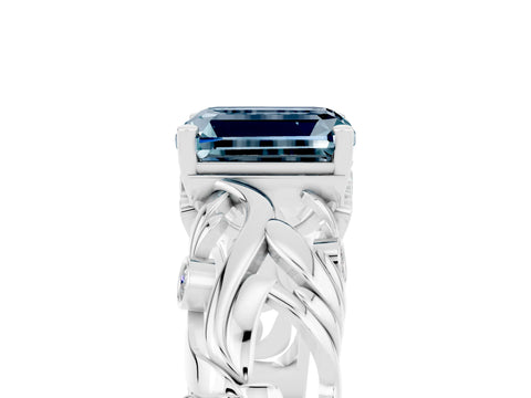 White gold Emerald Cut Solitaire Aquamarine Leaf-Inspired Vine Band Ring with Prong Setting_5