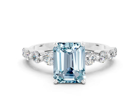 White gold Emerald Cut Solitaire Aquamarine Ring with Pave Band and Four-Prong Setting