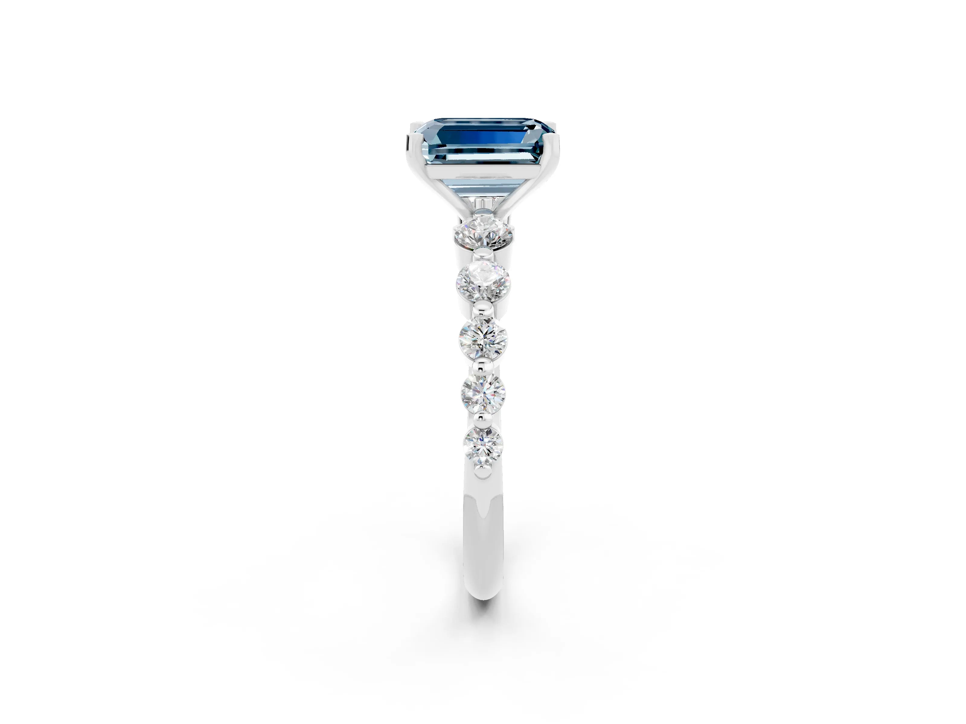 White gold Emerald Cut Solitaire Aquamarine Ring with Pave Band and Four-Prong Setting_2