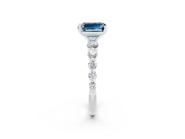 Silver Emerald Cut Solitaire Aquamarine Ring with Pave Band and Four-Prong Setting