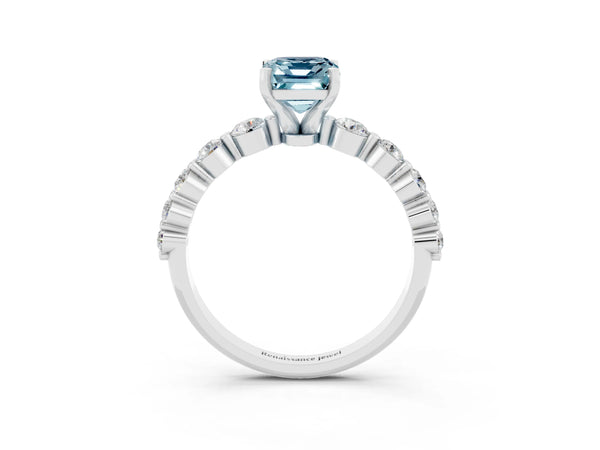 Platinum Emerald Cut Solitaire Aquamarine Ring with Pave Band and Four-Prong Setting