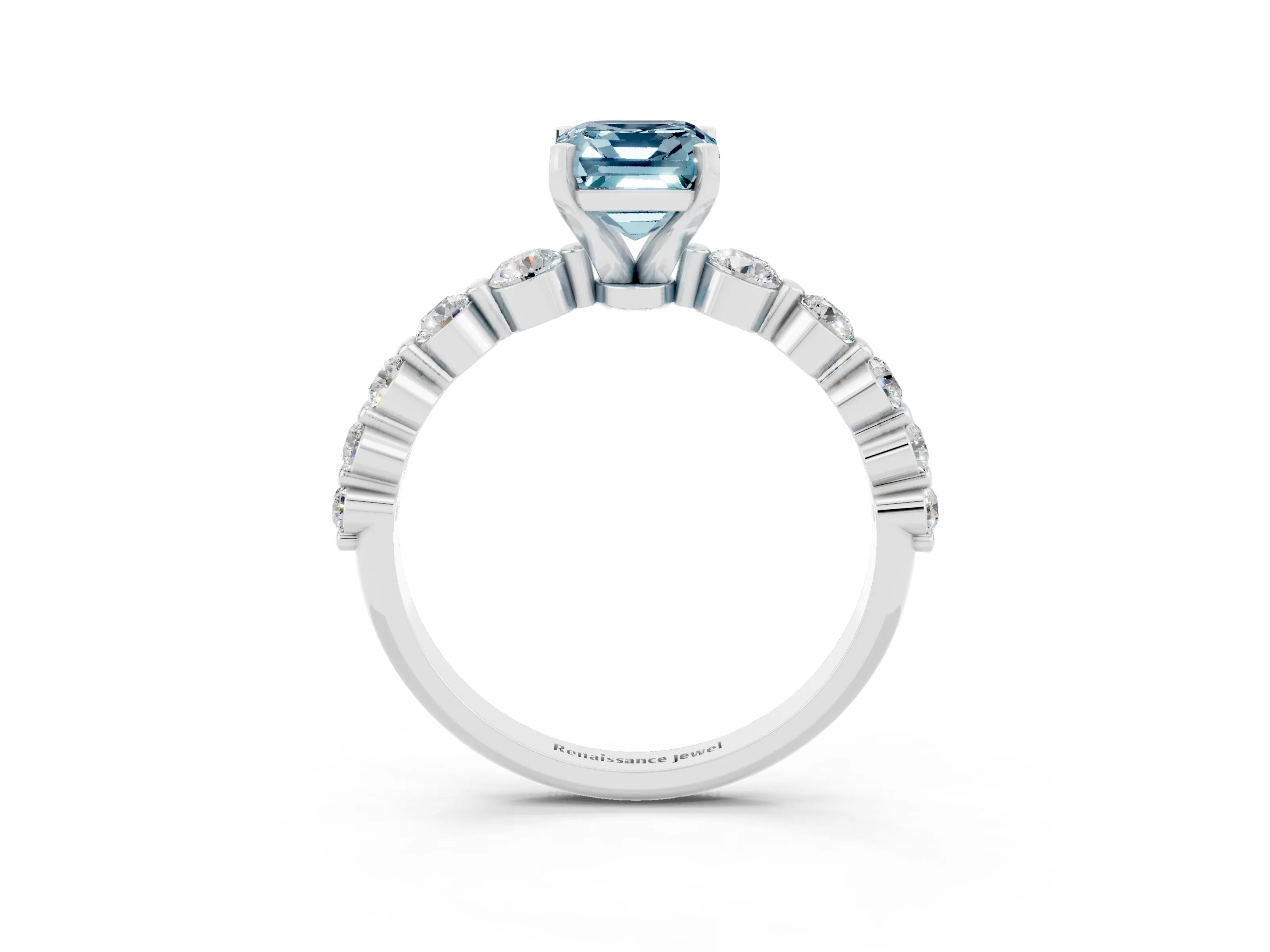 White gold Emerald Cut Solitaire Aquamarine Ring with Pave Band and Four-Prong Setting_3