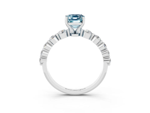 White gold Emerald Cut Solitaire Aquamarine Ring with Pave Band and Four-Prong Setting_3