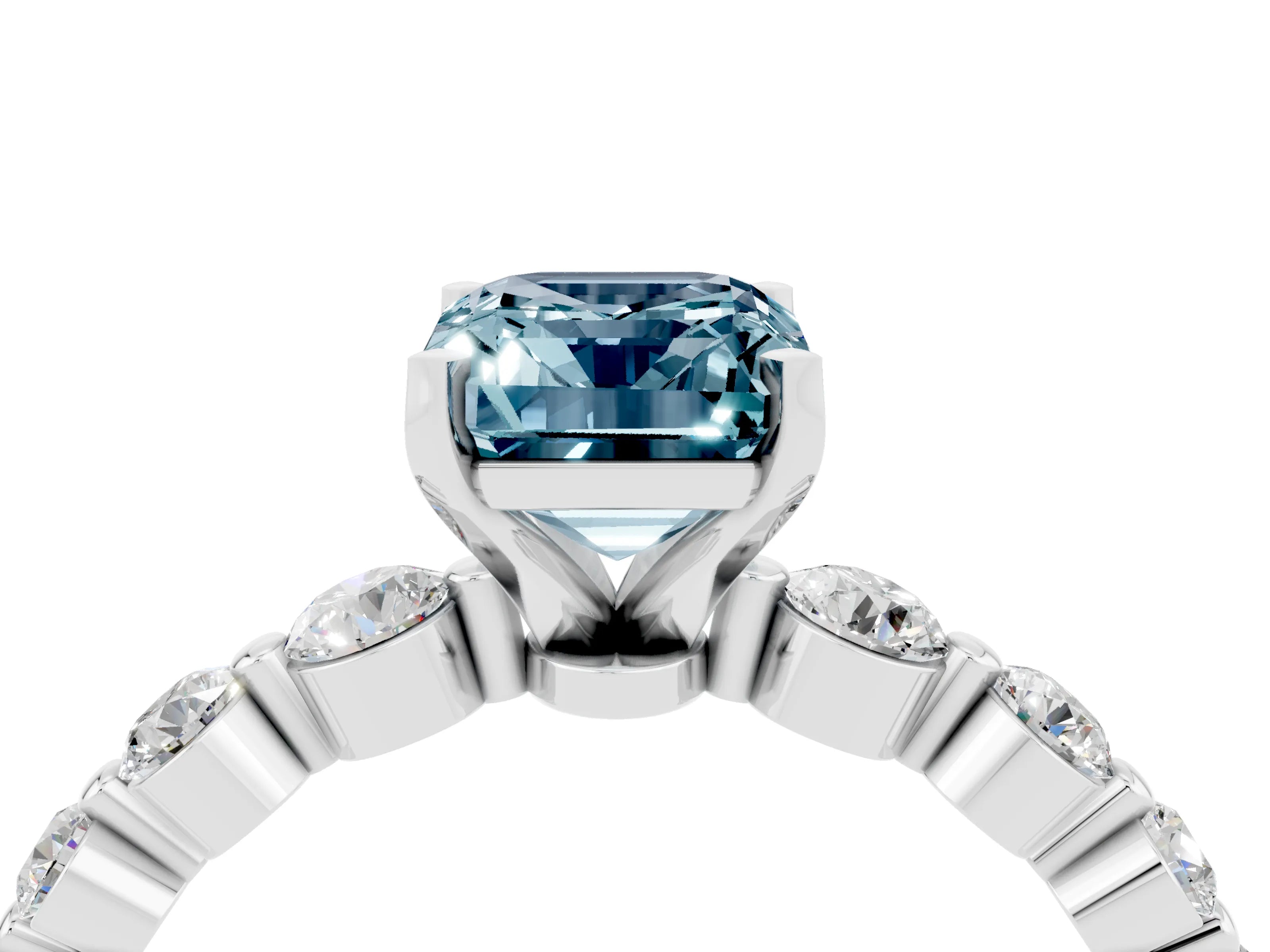 White gold Emerald Cut Solitaire Aquamarine Ring with Pave Band and Four-Prong Setting_4