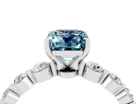 White gold Emerald Cut Solitaire Aquamarine Ring with Pave Band and Four-Prong Setting_4