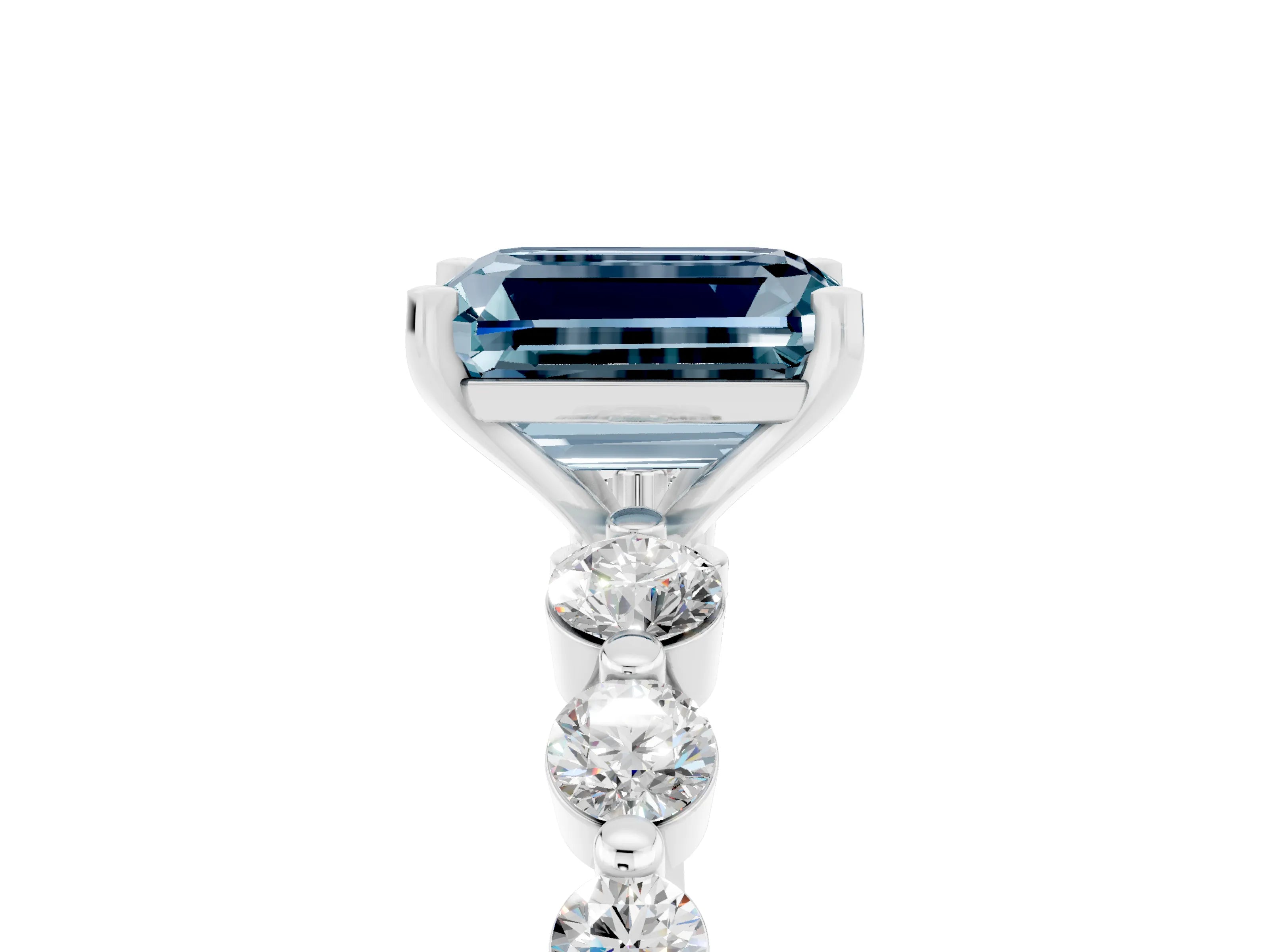 White gold Emerald Cut Solitaire Aquamarine Ring with Pave Band and Four-Prong Setting_5