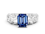 White gold Emerald Cut Solitaire Blue Sapphire Leaf-Inspired Vine Band Ring with Prong Setting
