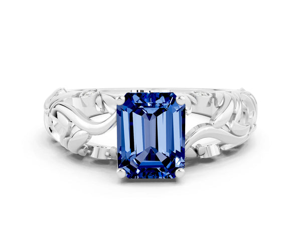 Platinum Emerald Cut Solitaire Blue Sapphire Leaf-Inspired Vine Band Ring with Prong Setting
